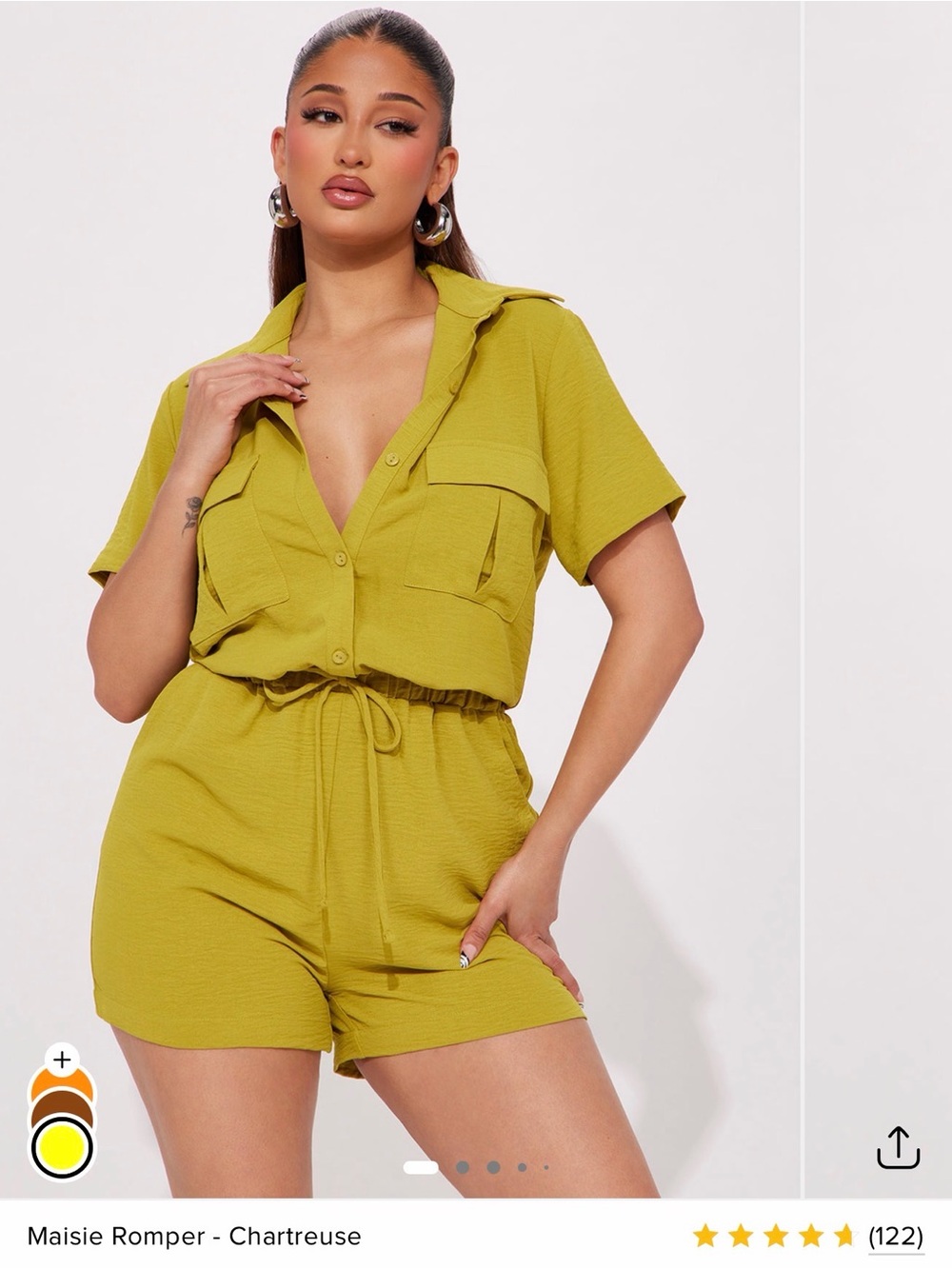 Fashion Nova Chartreuse Short Sleeve Romper with Drawstring Waist